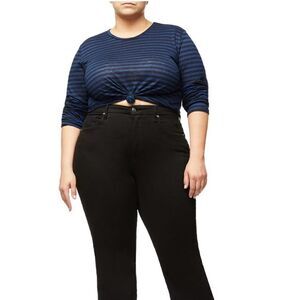 Good American Long Sleeve Linen Crew Neck Shirt, Black/Blue, Size 14/16 (XL) NWT